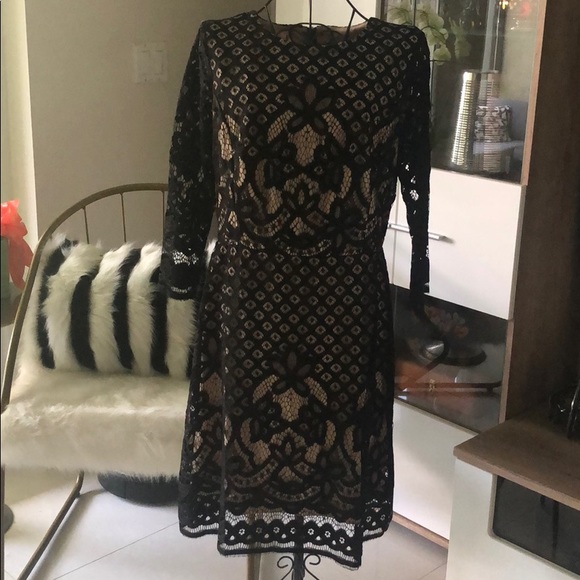 Black Lace Tan Lined Cocktail Dress - Picture 2 of 5